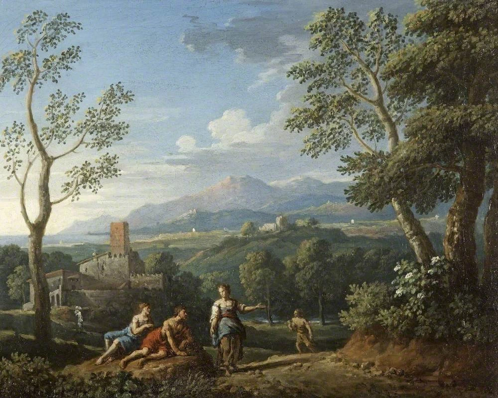 Un paesaggio classico, con figure in appoggio da una strada - National Trust